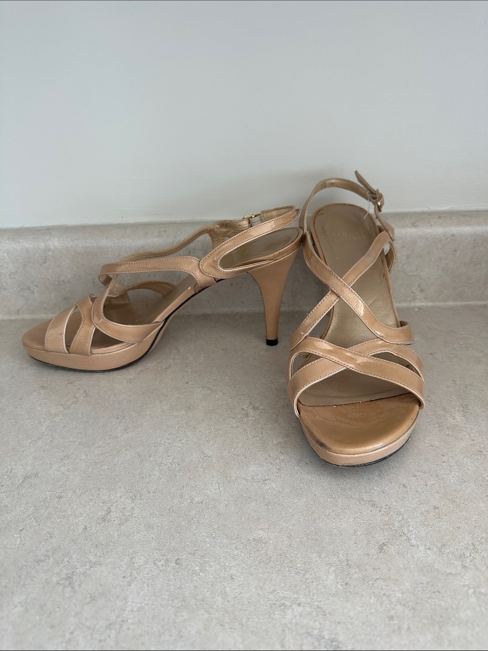 Stuart Weitzman Nude Patent Leather Strappy Heels – Size 7.5
